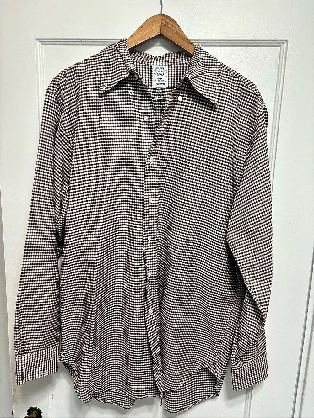 Brooks Brothers Regent Brown Gingham Supima Cotton Shirt Made USA 17-34